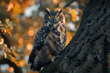 A wise old owl perched on an ancient oak tree at dusk, its eyes glowing, embodying wisdom and mystery of the forest