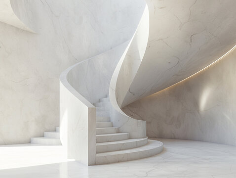 3d render of a dynamic spiral staircase with a minimalist design