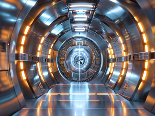 A sleek, illuminated corridor in a futuristic sci-fi space station.