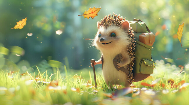 3d render of a hedgehog backpacker with a leaf backpack exploring a meadow