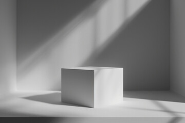 3d render of a minimalist cube podium in a shadow play environment