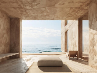 3d render of a minimalist beach house with seamless views of the sea