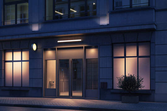3d render of a minimalist boutique hotel facade at night