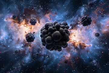 3D render of a molecule composed of dark matter with a cosmic background - obrazy, fototapety, plakaty