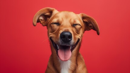 A banner with a happy brown mongrel dog with tongue hanging out on a red background. Horizontal photo with a dog, copy space, studio photo.