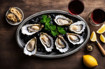 Fresh Oysters on Ice with Lemon and Sauce