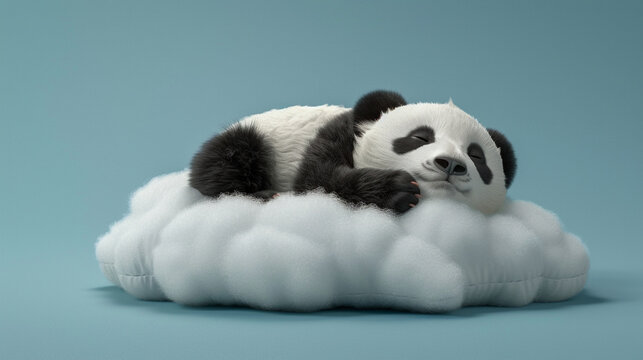 3d render of a panda cub napping on a cloud shaped pillow