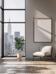 3d render of a poster beside a large minimalist window with city skyline views