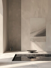 3d render of a poster beside a minimalist indoor water feature