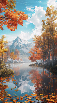 3d render of a poster against a backdrop of a quiet lake surrounded by autumn trees