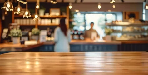 Foto op Canvas Wooden table in cafe perfect for product placement, with blurred background of female customer setting business and leisure ideal for showcasing ambiance of modern dining retail space © Thares2020
