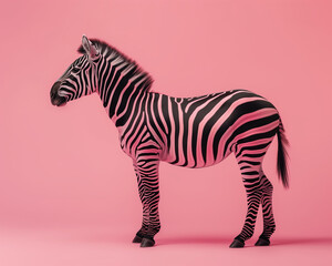 Studio shoot of black pink zebra on the pink background in the style of minimalism. Frontal side, full body.