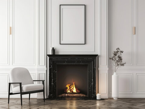 3d render of a poster over a sleek minimalist fireplace mantle
