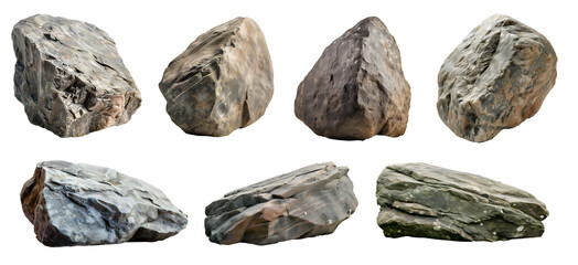 Collection set of big and long hard rock boulder stone on transparent background cutout, PNG file. Many different design. Mockup template artwork graphic - obrazy, fototapety, plakaty