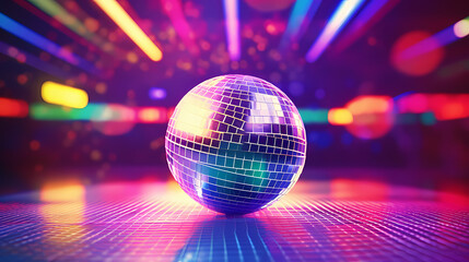 Obraz premium Disco ball sphere with colorful disco lights at party