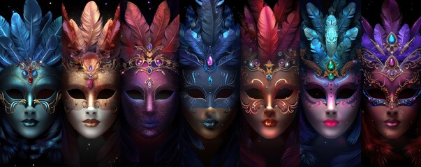 Row of Colorful Masks With Feathers