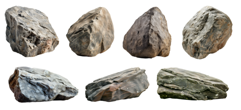 Collection set of big and long hard rock boulder stone on transparent background cutout, PNG file. Many different design. Mockup template artwork graphic