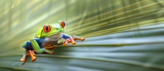 Naklejka premium Curious red-eyed Amazon Tree Frog photographed on a palm leaf.