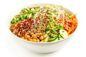 Vegan Buddha or poke bowl salad with buckwheat vegetab