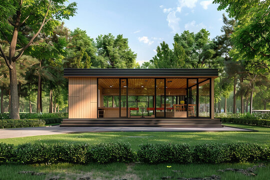 3d render of a simple modern community center in a park setting
