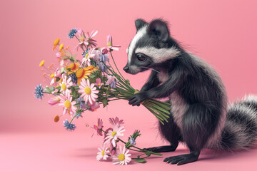 3d render of a skunk florist arranging a bouquet of fragrant flowers