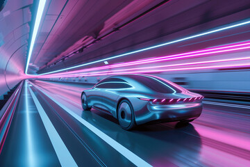 3d render of a sleek autonomous car speeding through a neon lit tunnel