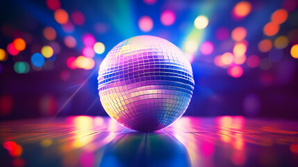 Disco ball sphere with colorful disco lights at party