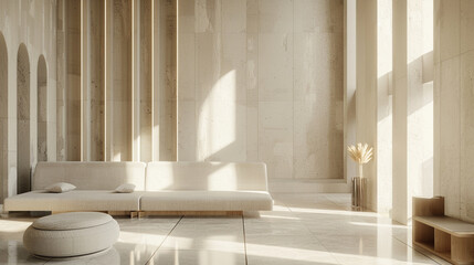 3d render of a sleek geometric hotel lobby with minimalist furnishings - obrazy, fototapety, plakaty