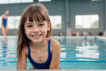Young girl in one piece swimsuit at swimming pool with copy space.