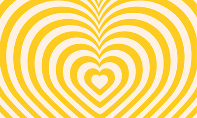 Groovy Y2K background. Tunnel of Concentric shiny yellow hearts. Romantic cute illustration. Trendy twisted and distorted texture in retro 2000s style