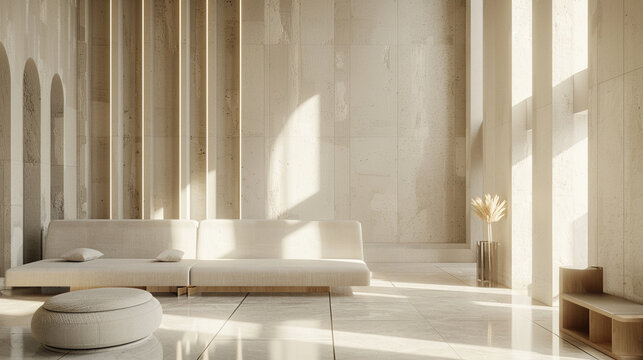 3d render of a sleek geometric hotel lobby with minimalist furnishings
