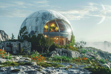 Obraz premium 3d render of a space habitat dome with an artificial self regulating ecosystem