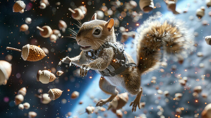 Naklejka premium 3d render of a squirrel astronaut floating in space with acorn satellites