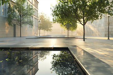 3d render of a tranquil minimalist reflecting pool in a city square - obrazy, fototapety, plakaty