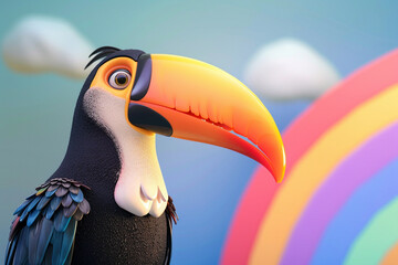 3d render of a toucan weather forecaster with a rainbow backdrop - obrazy, fototapety, plakaty