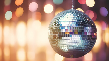Fototapeta na wymiar Disco ball sphere with colorful disco lights at party
