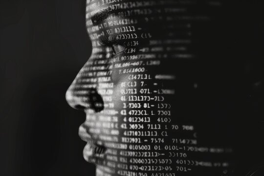 Use binary code as a visual language to depict a face exploring the juxtaposition of technology and humanity