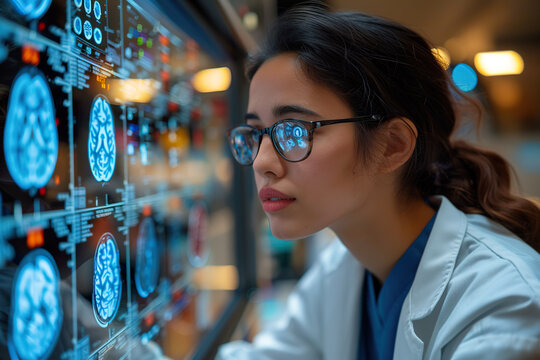 A female doctor examines detailed brain MRI images in neurological healthcare. 