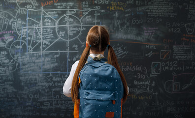 Teenager in class on background of blackboard - obrazy, fototapety, plakaty