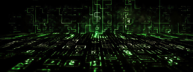 Abstract Green Digital Circuitry on Black Background Representing Data Flow. Banner with copy space