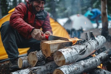 A rugged man dressed in outdoor clothing skillfully carves a log with a knife, providing firewood for warmth and sustenance - obrazy, fototapety, plakaty