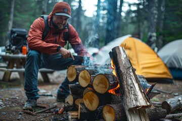 A rugged man in a vibrant red jacket warms himself by the flickering flames of a campfire, surrounded by towering trees and the rugged wilderness of the forest - Powered by Adobe