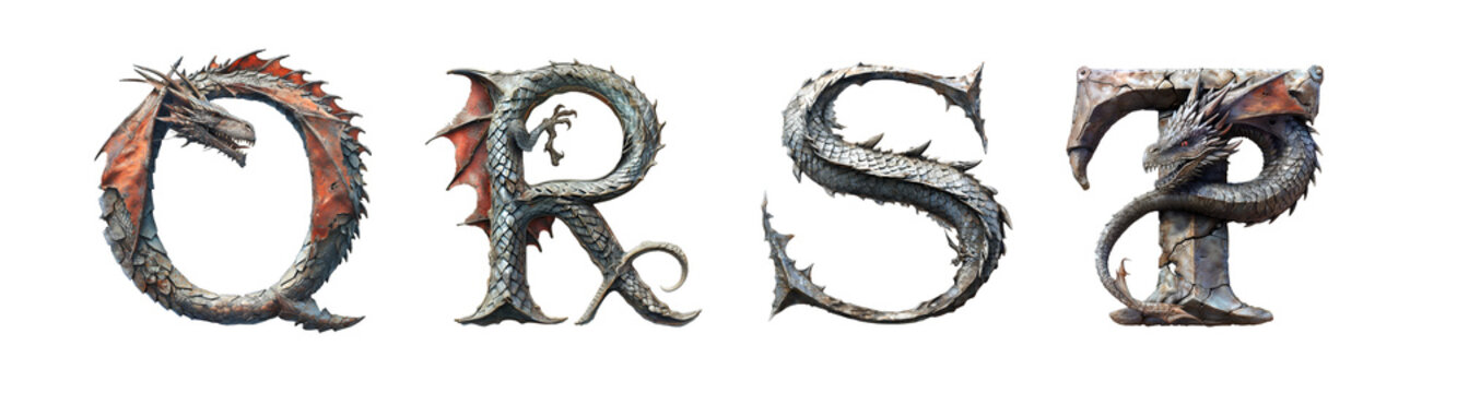 Letters Q, R, S, T in dragon style. Unusual fantasy font on the transparent background.	