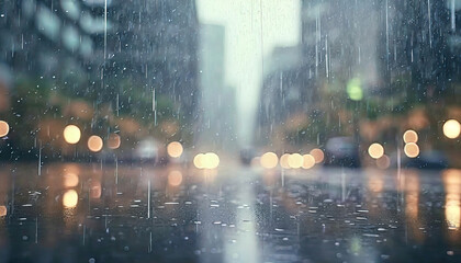 Raining day city street. Heavy rain in town. Texture of water drops. Puddles with ripple on the road - Powered by Adobe