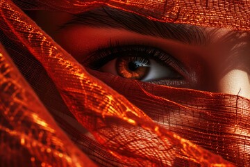 Enigmatic Woman with Mesmerizing Gaze, Orange Veil Portraiture, Perfect for Beauty and Fashion Themes. Hypnotic Eyes Peeking Through Orange Fabric