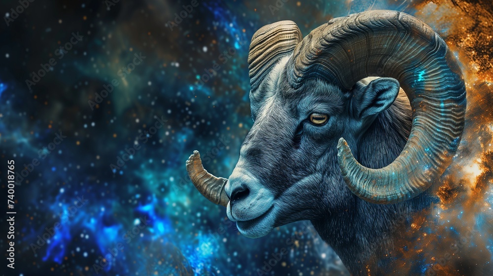 Wall mural zodiac sign aries in cosmic space. generative ai. copy space.