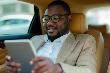 african businessman in beige suit uses his tablet in the back of a car