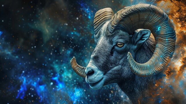 Zodiac sign aries in cosmic space. Generative AI. Copy space.