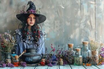 Woman Wearing a Witches Hat standing hear poison herbs