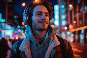 Fototapeta premium A bearded man smiles as he walks the city streets at night, his headphones on, basking in the glow of the city lights and the music in his ears